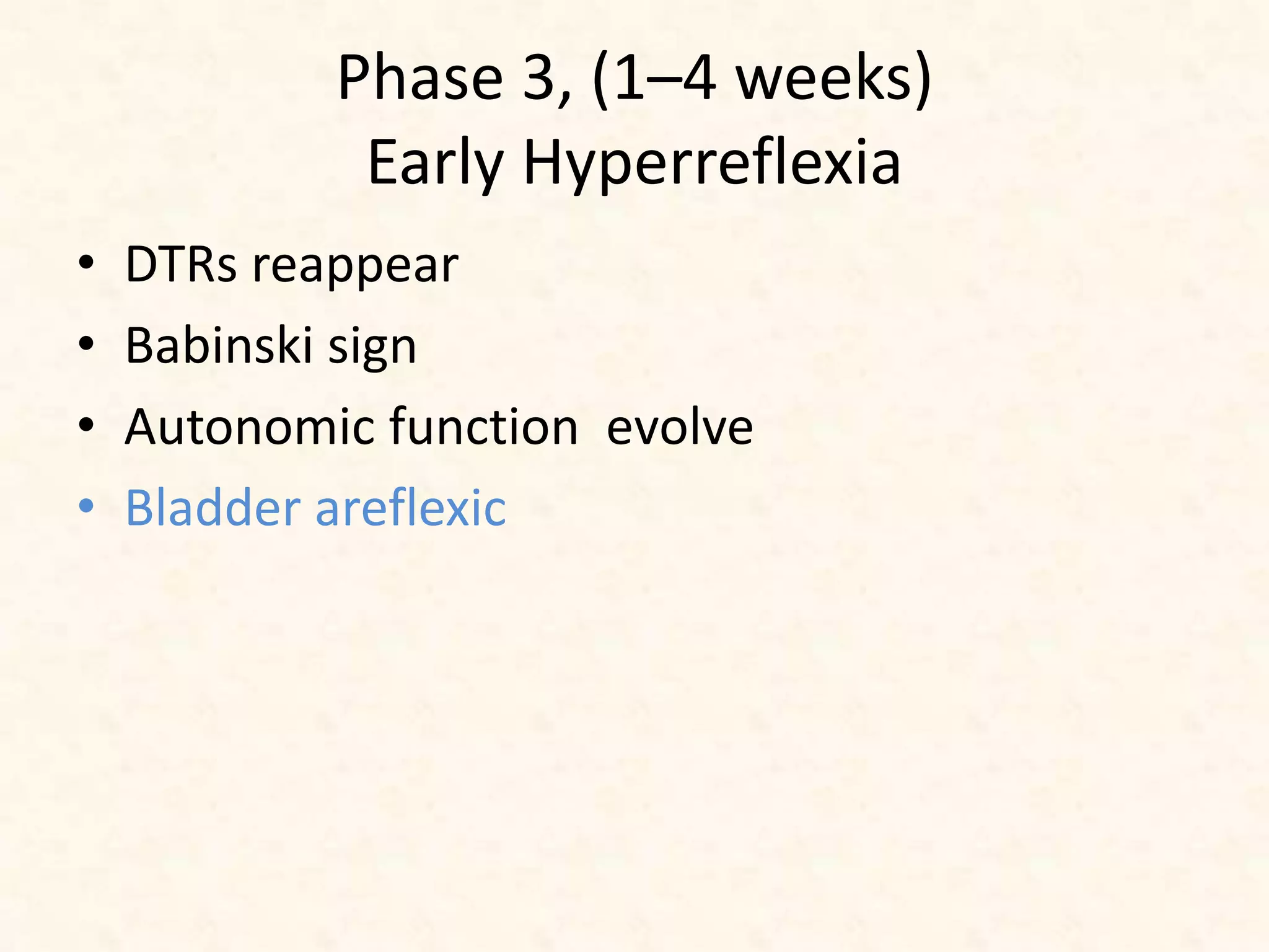 Phase 3, (1–4 weeks)
Early Hyperreflexia
• DTRs reappear
• Babinski sign
• Autonomic function evolve
• Bladder areflexic
 