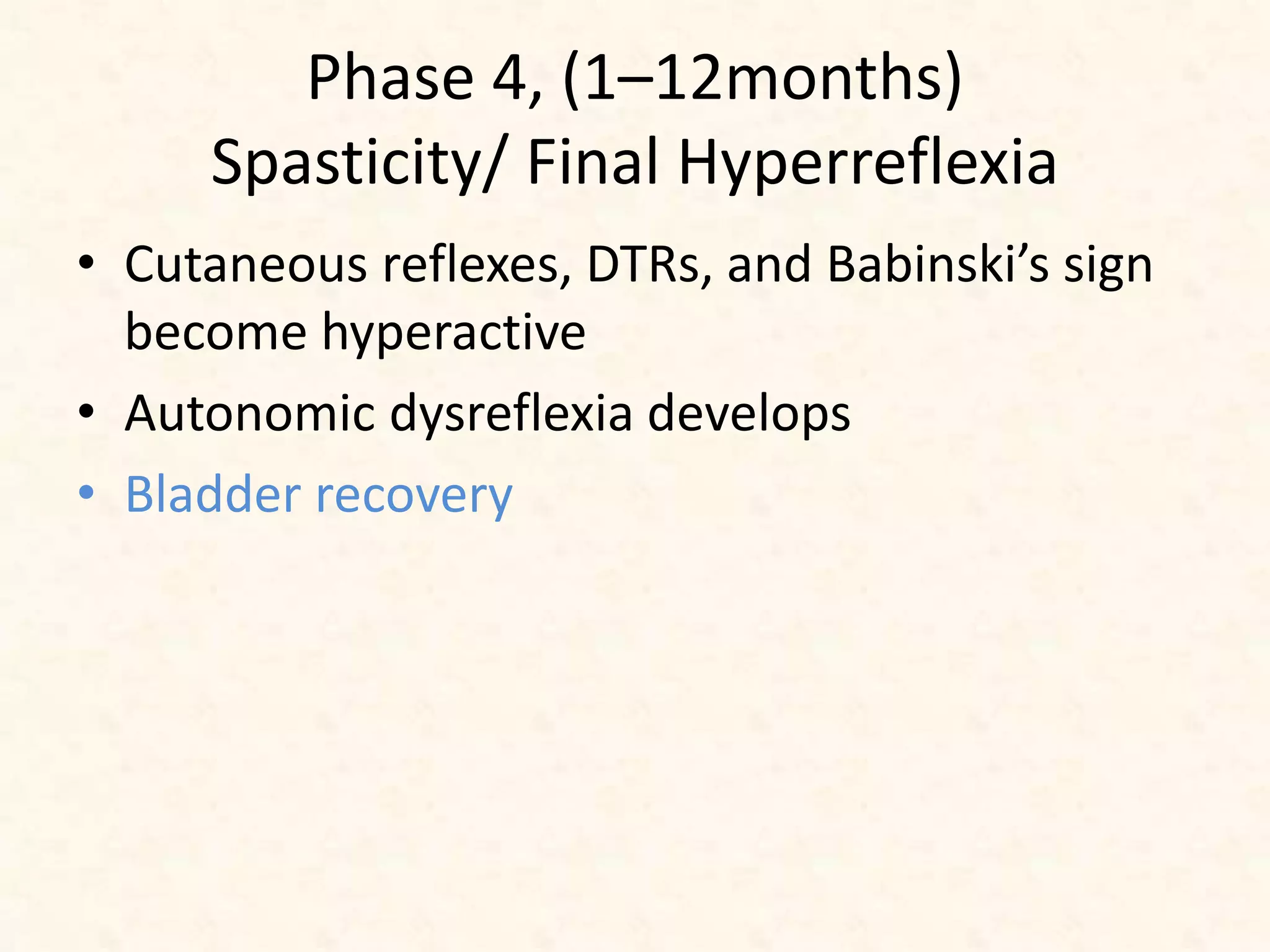 Phase 4, (1–12months)
Spasticity/ Final Hyperreflexia
• Cutaneous reflexes, DTRs, and Babinski’s sign
become hyperactive
• Autonomic dysreflexia develops
• Bladder recovery
 