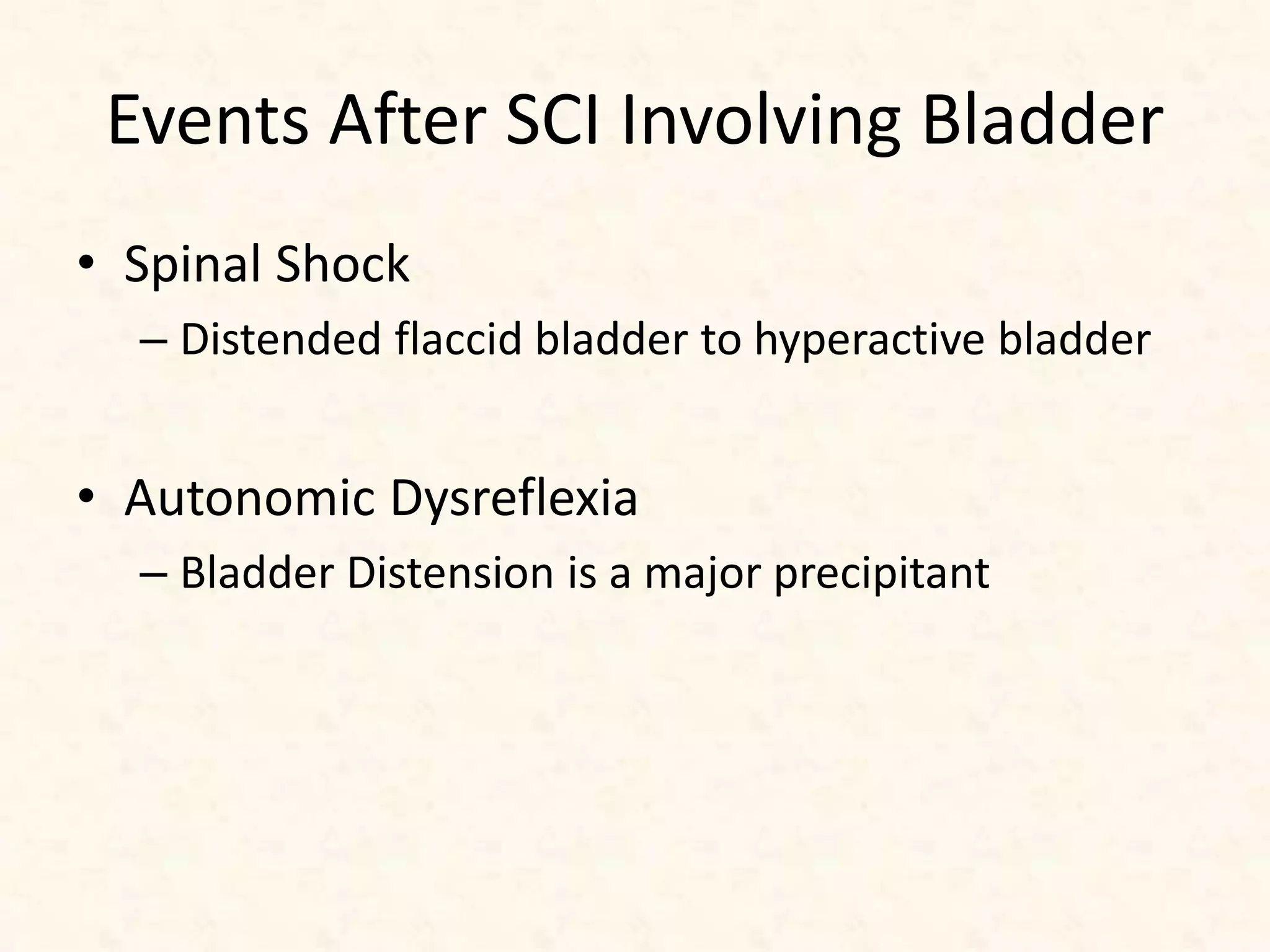 Events After SCI Involving Bladder
• Spinal Shock
– Distended flaccid bladder to hyperactive bladder
• Autonomic Dysreflexia
– Bladder Distension is a major precipitant
 