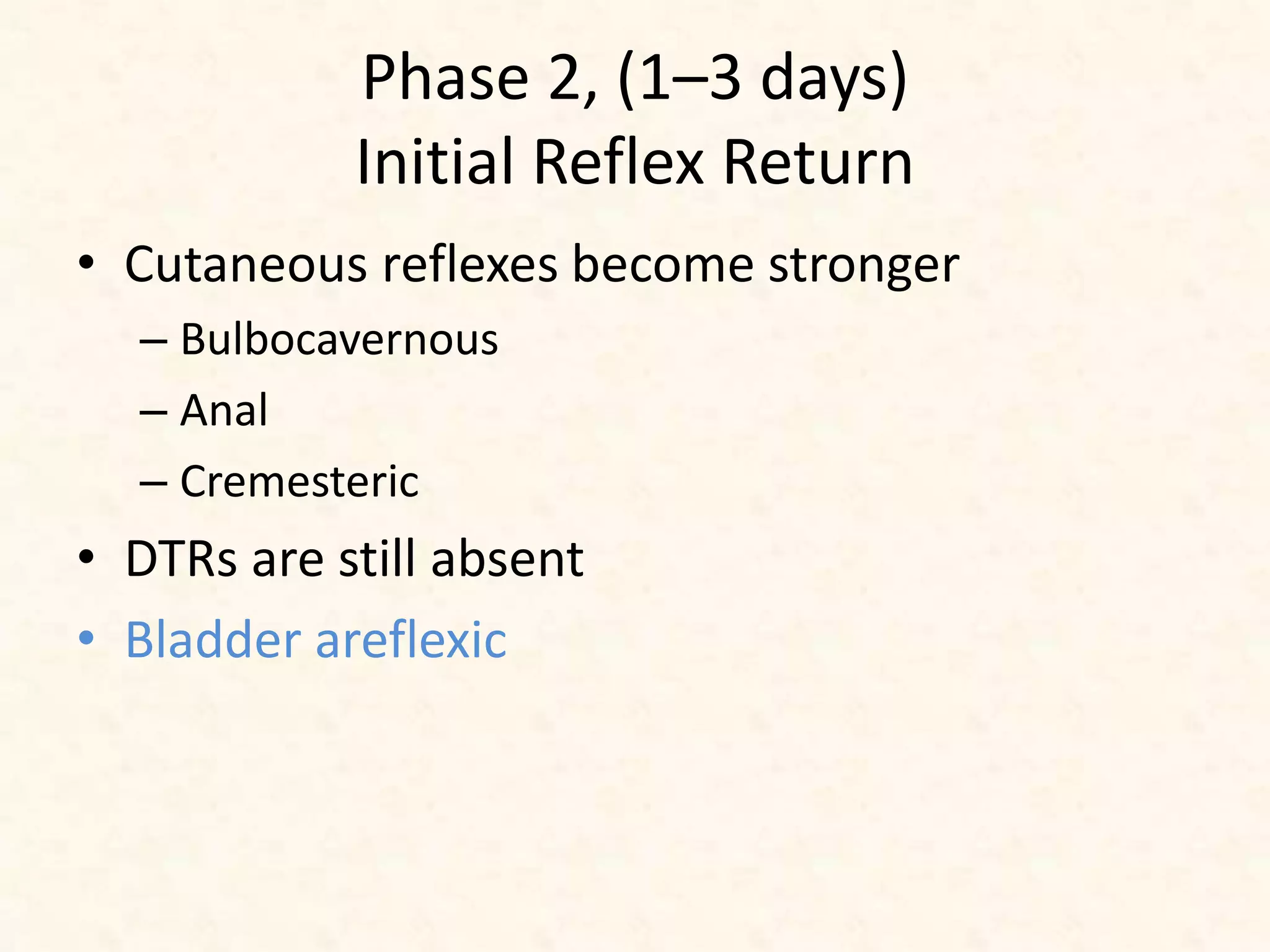 Phase 2, (1–3 days)
Initial Reflex Return
• Cutaneous reflexes become stronger
– Bulbocavernous
– Anal
– Cremesteric
• DTRs are still absent
• Bladder areflexic
 