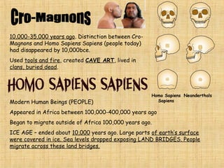 Gathering was a more reliable source of food and so in
Paleolithic society it is thought that it may have been
Matriarchal, or female dominated.
Women were often seen at the time as symbols of life and
fertility. Many ancient religions were centered around the
worship of the earth and the woman was often representative
of the earth and life because of the fact that women gave
birth.
It is thought that early man often drew, or made representations of what
he/she wanted to happen. Fertility statues for having many children,
paintings of successful hunts etc.
 