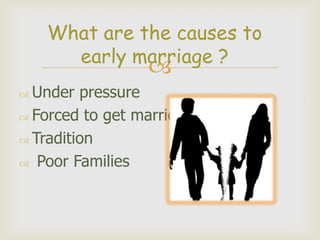What are the causes to
early marriage ?
Under pressure
Forced to get married
Tradition
Poor Families