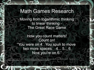 Math Games Research
Moving from logarithmic thinking
to linear thinking -
The Great Race Game
How you count matters!
Count...