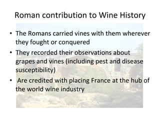 Roman contribution to Wine History The Romans carried vines with them wherever they fought or conquered They recorded their observations about grapes and vines (including pest and disease susceptibility) Are credited with placing France at the hub of the world wine industry 