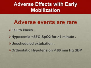 Adverse Effects with Early
Mobilization
Adverse events are rare
Fall to knees .
Hypoxemia <88% SpO2 for >1 minute .
Unscheduled extubation .
Orthostatic Hypotension < 80 mm Hg SBP
.
 