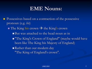 7LING 2301EME Nouns:Possessives based on a contraction of the possessive pronoun (e.g. his)The King his crown  the King's crown But was attached to the head noun as in "The King's Crown of England" (maybe would have been like The King his Majesty of England)Rather than our modern day "The King of England's crown".