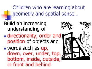 Children who are learning about
geometry and spatial sense…
Build an increasing
understanding of
 directionality, order and
position of objects and
 words such as up,
down, over, under, top,
bottom, inside, outside,
in front and behind.
 
