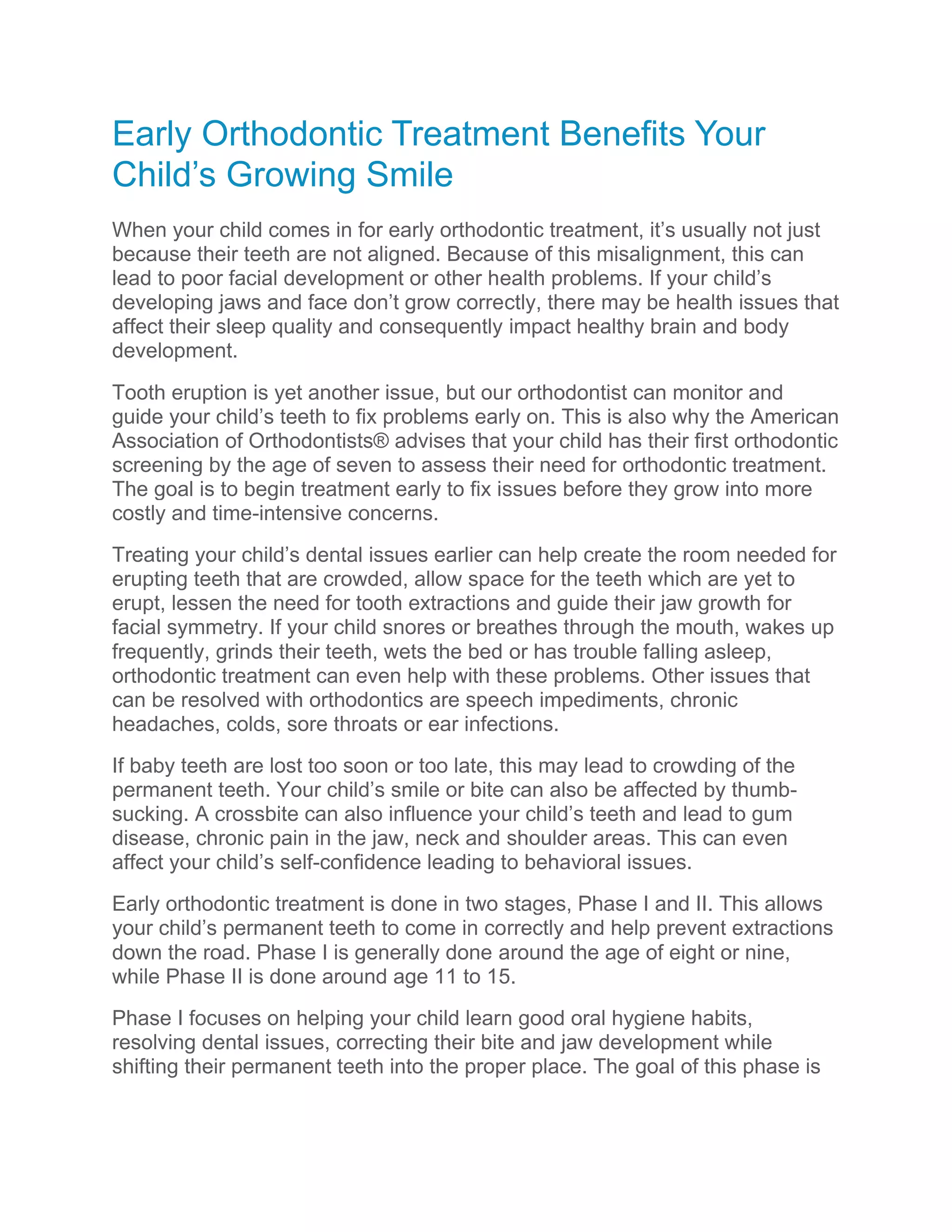 Early Orthodontic Treatment Benefits Your Child | PDF