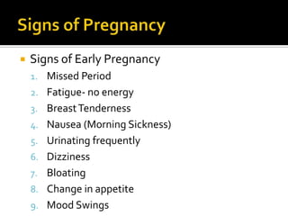 Signs of PregnancySigns of Early PregnancyMissed PeriodFatigue- no energyBreast TendernessNausea (Morning Sickness)Urinating frequentlyDizzinessBloatingChange in appetiteMood Swings