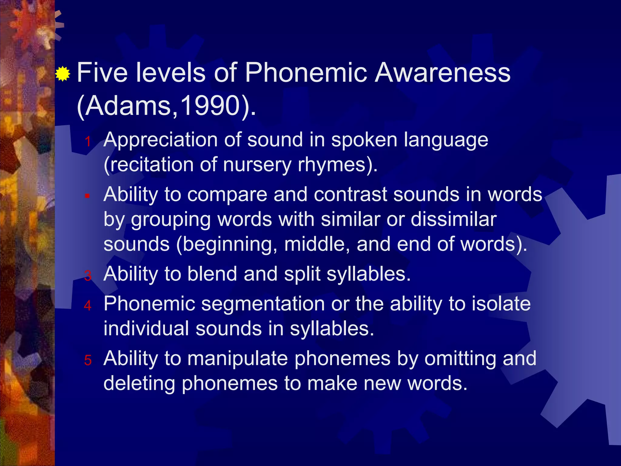  Five
     levels of Phonemic Awareness
 (Adams,1990).
  1   Appreciation of sound in spoken language
      (recitation of nursery rhymes).
     Ability to compare and contrast sounds in words
      by grouping words with similar or dissimilar
      sounds (beginning, middle, and end of words).
  3   Ability to blend and split syllables.
  4   Phonemic segmentation or the ability to isolate
      individual sounds in syllables.
  5   Ability to manipulate phonemes by omitting and
      deleting phonemes to make new words.
 