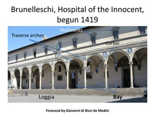 Brunelleschi, Hospital of the Innocent, 
begun 1419 
Loggia Bay 
Financed by Giovanni di Bicci de Medici 
Traverse arches 
Corbel 
Pediments 
 