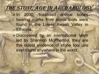 The Stone Age in archaeology
   In 2010, fossilised animal bones
    bearing marks from stone tools were
    found in the Lower Awash Valley in
    Ethiopia.
   Discovered by an international team
    led by Shannon McPherron, they are
    the oldest evidence of stone tool use
    ever found anywhere in the world.
 