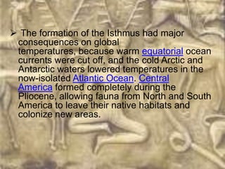 The formation of the Isthmus had major
 consequences on global
 temperatures, because warm equatorial ocean
 currents were cut off, and the cold Arctic and
 Antarctic waters lowered temperatures in the
 now-isolated Atlantic Ocean. Central
 America formed completely during the
 Pliocene, allowing fauna from North and South
 America to leave their native habitats and
 colonize new areas.
 