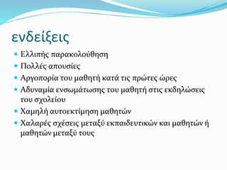 ενδείξεις
 Ελλιπής παρακολούθηση
 Πολλές απουσίες
 Αργοπορία του μαθητή κατά τις πρώτες ώρες
 Αδυναμία ενσωμάτωσης του μαθητή στις εκδηλώσεις
του σχολείου
 Χαμηλή αυτοεκτίμηση μαθητών
 Χαλαρές σχέσεις μεταξύ εκπαιδευτικών και μαθητών ή
μαθητών μεταξύ τους
 