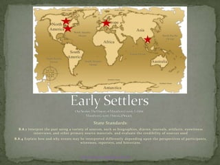 State Standards :
B.8.1 Interpret the past using a variety of sources, such as biographies, diaries, journals, artifacts, eyewitness
interviews, and other primary source materials, and evaluate the credibility of sources used
B.8.4 Explain how and why events may be interpreted differently depending upon the perspectives of participants,
witnesses, reporters, and historians.

Map from www.worldtimezones.com

 