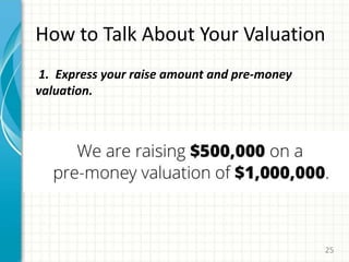 How to Talk About Your Valuation
1. Express your raise amount and pre-money
valuation.
25
 