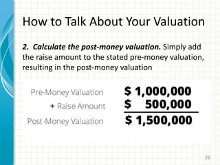 How to Talk About Your Valuation
2. Calculate the post-money valuation. Simply add
the raise amount to the stated pre-money valuation,
resulting in the post-money valuation
26
 