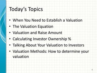 Today’s Topics
• When You Need to Establish a Valuation
• The Valuation Equation
• Valuation and Raise Amount
• Calculating Investor Ownership %
• Talking About Your Valuation to Investors
• Valuation Methods: How to determine your
valuation
4
 