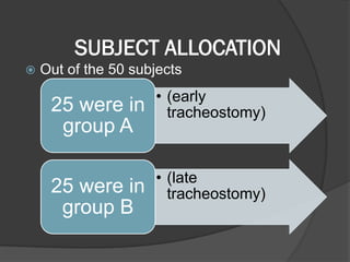 SUBJECT ALLOCATION
 Out of the 50 subjects
• (early
tracheostomy)25 were in
group A
• (late
tracheostomy)25 were in
group B
 