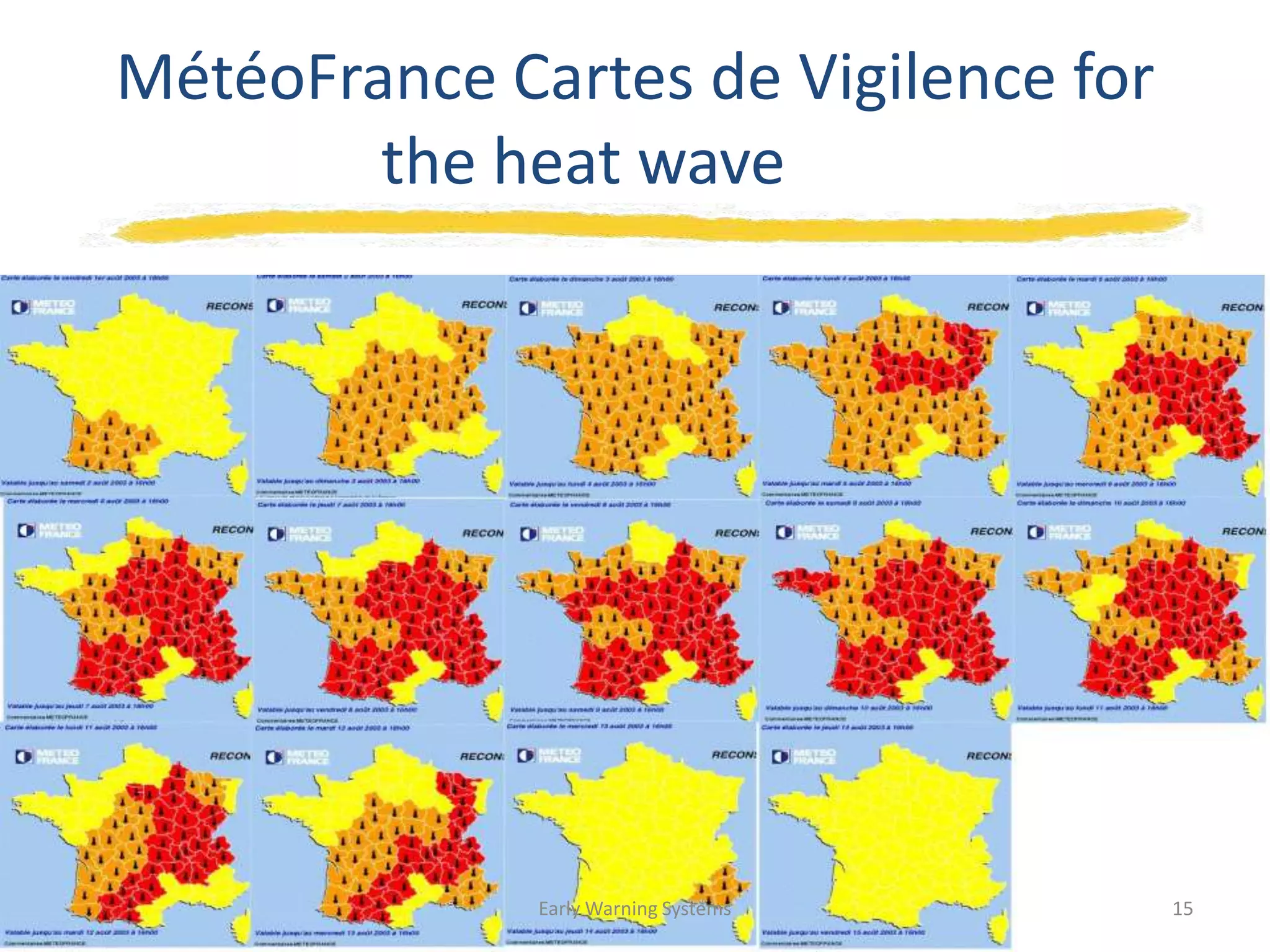 MétéoFrance Cartes de Vigilence for
the heat wave
Early Warning Systems 15
 