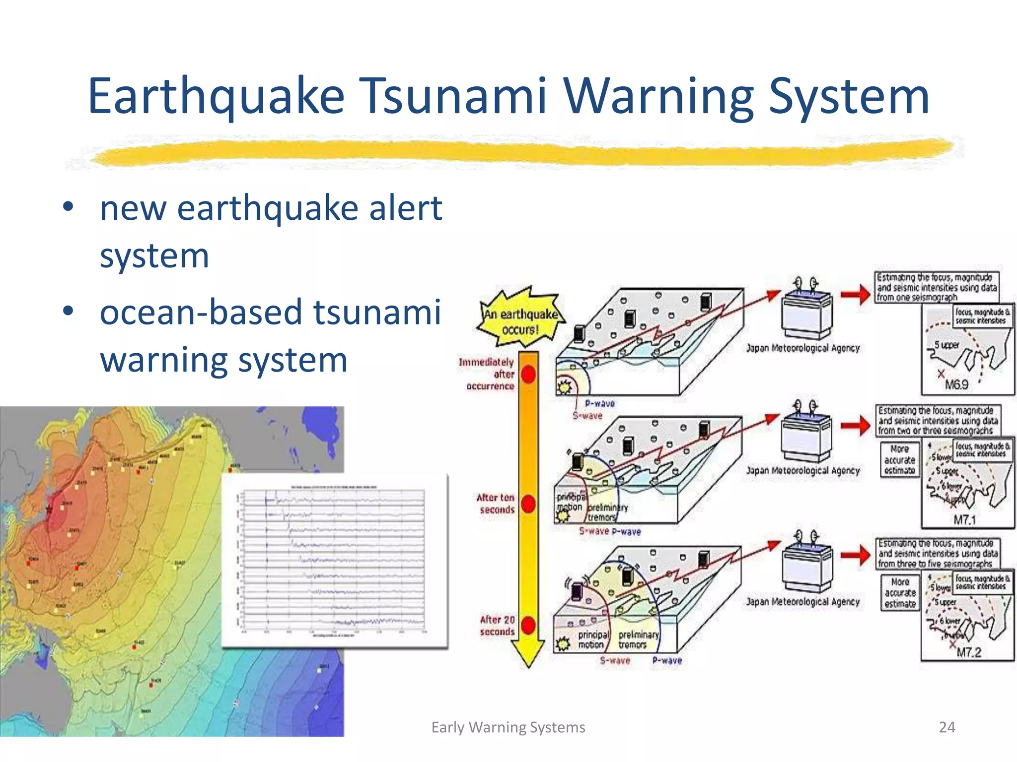 Earthquake Tsunami Warning System
• new earthquake alert
system
• ocean-based tsunami
warning system
Early Warning Systems 24
 
