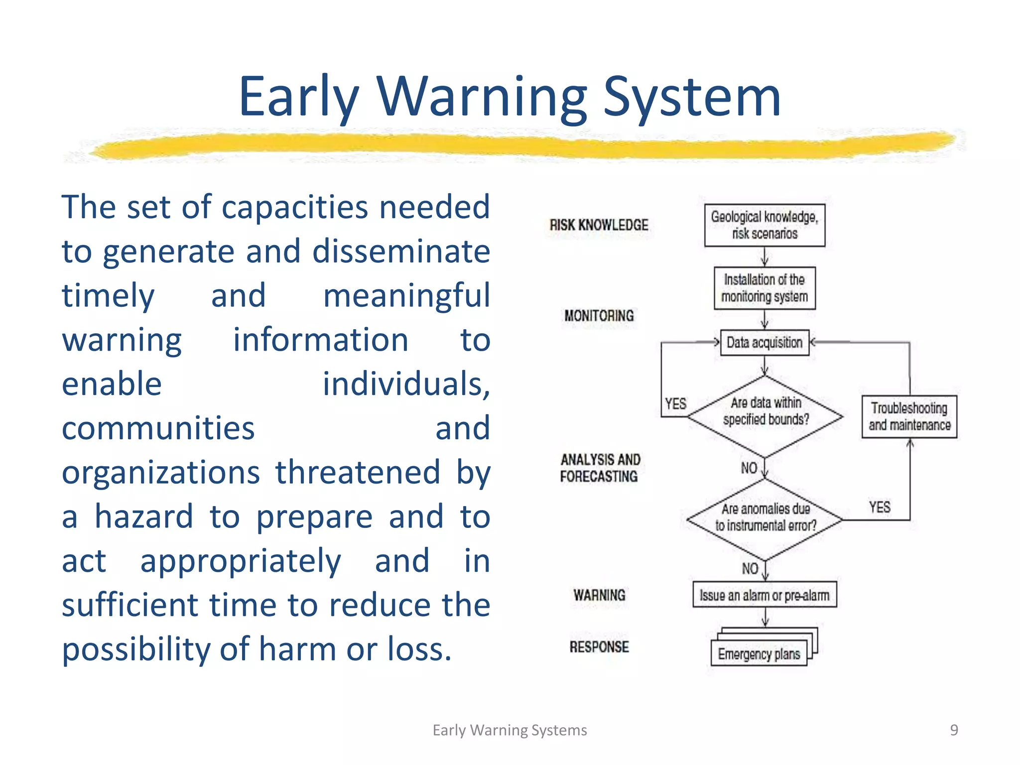 Early Warning System
The set of capacities needed
to generate and disseminate
timely and meaningful
warning information to
enable individuals,
communities and
organizations threatened by
a hazard to prepare and to
act appropriately and in
sufficient time to reduce the
possibility of harm or loss.
Early Warning Systems 9
 