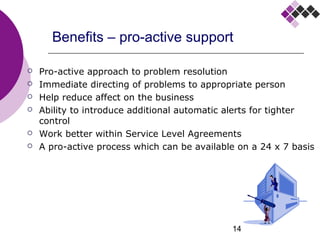 14
Benefits – pro-active support
 Pro-active approach to problem resolution
 Immediate directing of problems to appropriate person
 Help reduce affect on the business
 Ability to introduce additional automatic alerts for tighter
control
 Work better within Service Level Agreements
 A pro-active process which can be available on a 24 x 7 basis
 