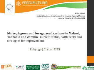 Africa RISING
                     East and Southern Africa Research Review and Planning Meeting,
                                                  Arusha, Tanzania, 1-5 October 2012




Maize , legume and forage seed systems in Malawi,
Tanzania and Zambia : Current status, bottlenecks and
strategies for improvement

                Rubyogo J.C. et al. CIAT
 