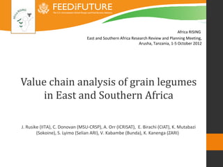 Africa RISING
                                 East and Southern Africa Research Review and Planning Meeting,
                                                              Arusha, Tanzania, 1-5 October 2012




Value chain analysis of grain legumes
    in East and Southern Africa

J. Rusike (IITA), C. Donovan (MSU-CRSP), A. Orr (ICRISAT), E. Birachi (CIAT), K. Mutabazi
        (Sokoine), S. Lyimo (Selian ARI), V. Kabambe (Bunda), K. Kanenga (ZARI)
 