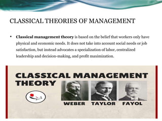 SCIENTIFIC MANAGEMENT THEORY
• Frederick Winslow Taylor (March 20,
1856 – March 21, 1915) was an
American mechanical engin...