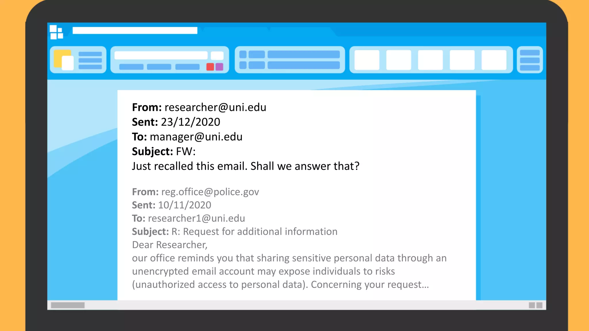 From: researcher@uni.edu
Sent: 23/12/2020
To: manager@uni.edu
Subject: FW:
Just recalled this email. Shall we answer that?
From: reg.office@police.gov
Sent: 10/11/2020
To: researcher1@uni.edu
Subject: R: Request for additional information
Dear Researcher,
our office reminds you that sharing sensitive personal data through an
unencrypted email account may expose individuals to risks
(unauthorized access to personal data). Concerning your request…
 
