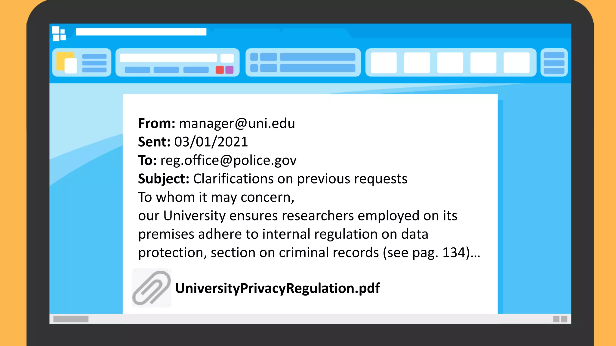 From: manager@uni.edu
Sent: 03/01/2021
To: reg.office@police.gov
Subject: Clarifications on previous requests
To whom it may concern,
our University ensures researchers employed on its
premises adhere to internal regulation on data
protection, section on criminal records (see pag. 134)…
UniversityPrivacyRegulation.pdf
 