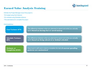 19
Earned Value Analysis Training
EVA lets the Project Manager know if the project is
•On budget using Cost Variance
•On s...