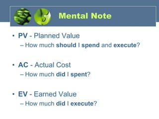 Mental NotePV - Planned ValueHow much should I spend and execute?AC - Actual CostHow much did I spent?EV - Earned ValueHow much did I execute?