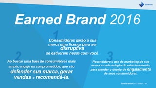 Earned Brand 2016 Global | 40
Earned Brand 2016
Consumidores darão à sua
marca uma licença para ser
disruptiva
se estiverem nessa com você.
Ao buscar uma base de consumidores mais
ampla, engaje os comprometidos, que vão
defender sua marca, gerar
vendas e recomendá-la.
Reconsidere o mix de marketing de sua
marca a cada estágio do relacionamento,
para atender o desejo de engajamento
de seus consumidores.
 