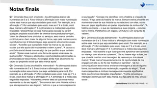 Notas finais
Q7. Dimensão Atua com propósito – As afirmações abaixo são
numeradas de 0 a 5. Favor indicar a afirmação com maior numeração
sobre essa marca que seja verdadeira para você. Por exemplo, se a
afirmação nº 3 for verdadeira para você, mas as nº 4 e 5 não, você
deve marcar a afirmação nº 3. A dimensão é a média das seguintes
respostas: “Desconheço se essa marca apoia causas ou se tem
qualquer propósito social além de oferecer bons produtos/serviços”,
“Além de oferecer bons produtos ou serviços, essa marca também
contribui para o bem maior de alguma forma, seja pela maneira como
o produto/serviço é feito/entregue, seja apoiando ativamente causas
sociais”, “Acredito que o propósito maior da marca ou as causas
sociais que ela apoia são importantes e valem a pena”, “A causa ou
propósito social dessa marca é algo de que partilho e que também
apoio”, “Apoiar essa marca é uma forma de apoiar uma causa na
qual acredito”, “Graças a atividades e oportunidades patrocinadas ou
promovidas por essa marca, me engajei ainda mais ativamente na
causa ou propósito social que essa marca apoia”.
Q9. Dimensão Conta uma história memorável – As afirmações abaixo
são numeradas de 0 a 5. Favor indicar a afirmação com maior
numeração sobre essa marca que seja verdadeira para você. Por
exemplo, se a afirmação nº 3 for verdadeira para você, mas as nº 4 e
5 não, você deve marcar a afirmação nº 3. A dimensão é a média das
seguintes respostas: “Não tenho a menor ideia do que essa marca
representa ou de seu legado”, “Essa marca tem uma história sobre o
que ela representa e seu legado”, “Admiro o que a marca representa
e seu legado”, “Consigo me identificar com a história e o legado da
marca”, “Faço parte da história da marca. Sempre estive presente em
momentos-chave de sua história ou me relaciono com eles, ou ela
teve um papel significativo em partes importantes da minha vida”, “A
história da marca – o que ela representa e suas origens – coincide
com a minha. Partilhamos um legado, um futuro e um conjunto de
valores”.
Q11. Dimensão Escuta abertamente – As afirmações abaixo são
numeradas de 0 a 5. Favor indicar a afirmação com maior numeração
sobre essa marca que seja verdadeira para você. Por exemplo, se a
afirmação nº 3 for verdadeira para você, mas as nº 4 e 5 não, você
deve marcar a afirmação nº 3. A dimensão é a média das seguintes
respostas: “Não saberia o que fazer para me aproximar dessa marca
ou interagir com ela se eu quisesse”, “Se eu tivesse algo a dizer, sei
que poderia mandar uma mensagem às pessoas por trás dessa
marca”, “Essa marca frequentemente me dá oportunidade de me
engajar com ela ou de lhe dar feedback e opiniões”, “Já me
comuniquei com essa marca enviando mensagens a ela de alguma
forma, ou mandando uma reclamação, sugestão ou elogio”, “Essa
marca respondeu a minhas mensagens de maneira significativa.
Sinto que tivemos interações importantes”, “Tenho conversas e
interações contínuas com essa marca. Ela faz parte do meu círculo
social”.
Earned Brand 2016 NOTAS FINAIS | 41
 