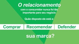 O relacionamento
com o consumidor nunca foi tão
importante para seu negócio
Quão disposto ele está a:
Comprar Recomendar Defender
sua marca?
 
