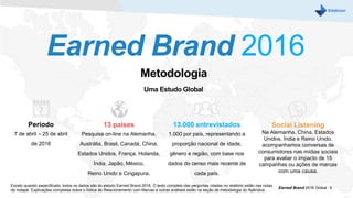 Earned Brand 2016
Metodologia
Um Estudo Global
Período
7 de abril – 25 de abril
de 2016
13 países
Pesquisa on-line na Alemanha,
Austrália, Brasil, Canadá, China,
Estados Unidos, França, Holanda,
Índia, Japão, México,
Reino Unido e Cingapura.
13.000 entrevistados
1.000 por país, representando a
proporção nacional de idade,
gênero e região, com base nos
dados do censo mais recente de
cada país.
Social Listening
Na Alemanha, China, Estados
Unidos, Índia e Reino Unido,
acompanhamos conversas de
consumidores nas mídias sociais
para avaliar o impacto de 15
campanhas ou ações de marcas
com uma causa.
Earned Brand 2016 Global | 9
Exceto quando especificado, todos os dados são do estudo Earned Brand 2016. O texto completo das perguntas citadas no relatório estão nas notas
de rodapé. Explicações completas sobre o Índice de Relacionamento com Marcas e outras análises estão na seção de metodologia do Apêndice.
 