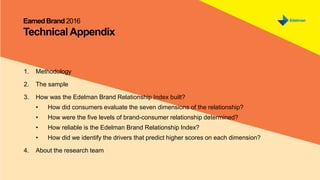Earned Brand 2016 U.S. Multicultural | 40
MONTH DAY, 2016
EarnedBrand2016
TechnicalAppendix
1. Methodology
2. The sample
3. How was the Edelman Brand Relationship Index built?
• How did consumers evaluate the seven dimensions of the relationship?
• How were the five levels of brand-consumer relationship determined?
• How reliable is the Edelman Brand Relationship Index?
• How did we identify the drivers that predict higher scores on each dimension?
4. About the research team
 