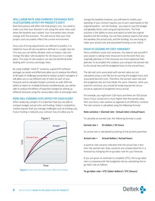 will	labor	rate	anD	currency	excHange	rate	                            change the baseline; however, you will need to modify your
fluctuations	affect	My	Project’s	cost?                                 spending. If your contract requires you to earn value based on the
Rate fluctuations will affect the final project cost. You need to      original baseline - not the funding - you need to copy the budget
make sure that your forecast is not using the same rates used          and globally factor costs using pricing functions. The final
when the baseline was created. Your forecasted rates should            outcome is the ability to store and report on both the original
change with the economy. This will ensure that your final              baseline and the funding. You can then produce reports that show
project costs accurately reflect the current environment.              the baseline, the actual costs, and the funding. You are trying to
                                                                       make your actual costs and associated funding curves match.
Since cost of living adjustments are difficult to predict, it is
helpful to have all rate escalations defined in a single rate set.     wHat	is	causing	My	cost	Variance?
This way you can define all labor rates as today’s rate and            Many conditions cause cost variances. You need to ask yourself if
change the labor rate escalation for all resources in a single         your project is taking more resources to do the work than you
place. This type of rate analysis can also be beneficial when          originally planned or if the resources are more expensive than
dealing with currency exchange rates.                                  planned. To accomplish this analysis, you compare the earned rate
                                                                       to the actual rate and the budgeted hours to the actual hours.
By using multiple “what-if” scenarios, a good EVM software
package can easily and effectively allow you to analyze the effects    The derived costs associated with earned value are not
of all types of challenges presented to today’s project managers. It   calculated using a rate file but by earning the budget hours and
will allow you to use different sets of rates for each of your         associated derived costs. Therefore, the earned value rate and
forecasts and to calculate foreign currencies as well. With the        the budgeted rate are most likely the same. However, when you
ability to report on multiple forecasts simultaneously, you will be    examine variances, you should be analyzing earned versus
able to analyze the effects of expected changes by setting up          actual as opposed to budgeted versus actual.
different forecasts using the various labor rates or exchange rates.
                                                                       For example, you might earn 100 hours and there are 100 actual
How	will	funDing	cuts	affect	My	casH	flow?                             hours. If your actual cost is much higher than the earned value,
When analyzing a project, it is important that you are able to         then you have a rate variance as opposed to an efficiency variance.
compare budget, actual costs, and funding. Today’s competitive         The rate variance is calculated using the following formula:
market requires that you manage challenges such as funding cuts.
If your funding is reduced, your contract may not allow you to         Rate	variance	=	(Earned	rate	-	Actual	rate)	x	Actual	hours

                               Figure 5                                To calculate an earned rate, the following formula is used:


                                             Budget                    Earned	rate	=		   EV	dollars	/	EV	hours

                                                                       An actual rate is calculated by looking at the posted quantities:

               Actual Costs                                            Actual	rate	=		   Actual	dollars	/	Actual	hours
                                                 Funding
        Cost




                                                                       A positive rate variance indicates that the actual rate is less
                                                                       than the earned rate. Rate variances are compensated for in a
                                                                       forecast by changing the to-go labor rate for your forecast.

                                                                       If you are given an estimate to complete (ETC), the to-go labor
                                                                       rate is compared with the budgeted rate by calculating the to-
                                  Time                                 go labor rate as follows:

       Figure	 shows how the actual costs reflect the funding.
                                                                       To-go	labor	rate	=	ETC	(labor	dollars)	/	ETC	(hours)




	    WHITE PAPER: wHat	is	tHe	HealtH	of	My	Project?
 