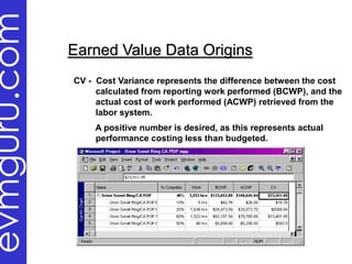 evmguru.com
              Earned Value Data Origins
              CV - Cost Variance represents the difference between the cost
                   calculated from reporting work performed (BCWP), and the
                   actual cost of work performed (ACWP) retrieved from the
                   labor system.
                  A positive number is desired, as this represents actual
                  performance costing less than budgeted.
 