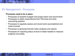 IBM Global Services (ITS)
© 2004 IBM Corporation
10 Earned Value analysis 10/30/15
EV Management - Processes
Processes need to be in place
• Processes to baseline budgets and project plans and record them
• Processes to obtain expenditures from Planview and other
accounting systems
• Processes to regularly assess and record work accomplished and
costs incurred
• Processes to generate Earned Value analyses and reports
• Processes for reporting status at level of detail needed to measure
progress accurately
 