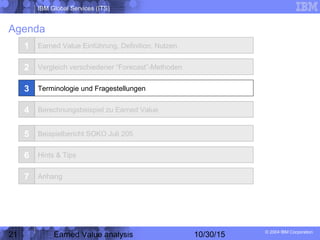 IBM Global Services (ITS)
© 2004 IBM Corporation
21 Earned Value analysis 10/30/15
Agenda
1
2
3
4
Earned Value Einführung, Definition, Nutzen
Vergleich verschiedener “Forecast”-Methoden
Terminologie und Fragestellungen
Berechnungsbeispiel zu Earned Value
5 Beispielbericht SOKO Juli 205
Hints & Tips
Anhang
6
7
 