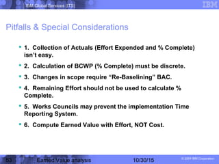 IBM Global Services (ITS)
© 2004 IBM Corporation
53 Earned Value analysis 10/30/15
Pitfalls & Special Considerations
 1. Collection of Actuals (Effort Expended and % Complete)
isn’t easy.
 2. Calculation of BCWP (% Complete) must be discrete.
 3. Changes in scope require “Re-Baselining” BAC.
 4. Remaining Effort should not be used to calculate %
Complete.
 5. Works Councils may prevent the implementation Time
Reporting System.
 6. Compute Earned Value with Effort, NOT Cost.
 