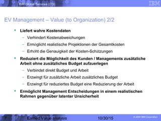 IBM Global Services (ITS)
© 2004 IBM Corporation
7 Earned Value analysis 10/30/15
EV Management – Value (to Organization) 2/2
 Liefert wahre Kostendaten
– Verhindert Kostenabweichungen
– Ermöglicht realistische Projektionen der Gesamtkosten
– Erhöht die Genauigkeit der Kosten-Schätzungen
 Reduziert die Möglichkeit des Kunden / Managements zusätzliche
Arbeit ohne zusätzliches Budget aufzuerlegen
– Verbindet direkt Budget und Arbeit
– Erzwingt für zusätzliche Arbeit zusätzliches Budget
– Erzwingt für reduziertes Budget eine Reduzierung der Arbeit
 Ermöglicht Management Entscheidungen in einem realistischen
Rahmen gegenüber latenter Unsicherheit
 