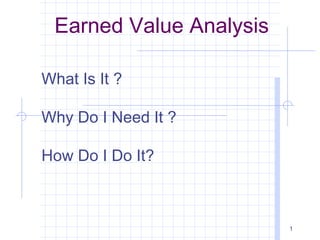 Earned Value Analysis

What Is It ?

Why Do I Need It ?

How Do I Do It?



                         1
 