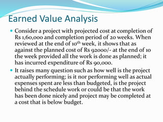 Earned Value Analysis
 Consider a project with projected cost at completion of
Rs 1,60,000 and completion period of 20 we...