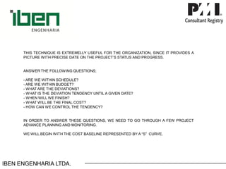 IBEN ENGENHARIA LTDA. THISTECHNIQUEISEXTREMELLYUSEFULFORTHEORGANIZATION,SINCEITPROVIDESAPICTUREWITHPRECISEDATEONTHEPROJECT’SSTATUSANDPROGRESS. ANSWERTHEFOLLOWINGQUESTIONS; 
-AREWEWITHINSCHEDULE? 
-AREWEWITHINBUDGET? 
-WHATARETHEDEVIATIONS? 
-WHATISTHEDEVIATIONTENDENCYUNTILAGIVENDATE? 
-WHENWILLWEFINISH? 
-WHATWILLBETHEFINALCOST? 
-HOWCANWECONTROLTHETENDENCY? INORDERTOANSWERTHESEQUESTIONS,WENEEDTOGOTHROUGHAFEWPROJECTADVANCEPLANNINGANDMONITORING. WEWILLBEGINWITHTHECOSTBASELINEREPRESENTEDBYA“S”CURVE.  