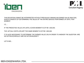 IBEN ENGENHARIA LTDA. 
THIS DEVIATION CANNOT BE INTERPRETED WITHOUT PREVIOUSLY MAKING AN EARNED VALUE ANALYSIS, WHICH CONSISTS OF DETERMINING THE VALUE OF THE ENTIRE SERVICE PERFORMED UP UNTIL THAT MOMENT. 
I.E.... 
IFTHEPREDICTEDVALUE(VP)UNTILAGIVENMOMENTISOFR$1,000,000. 
THEACTUALCOSTS(CR)ARTTHESAMEMOMENTISOFR$1,065,000. 
ITISALSONECESSARYTODETERMINETHEEARNEDVALUE(VA)INORDERTOANSWERTHEQUESTION:AREWEWITHINSCHEDULE?AREWEWITHINBUDGET? 
LET’SSEE...  