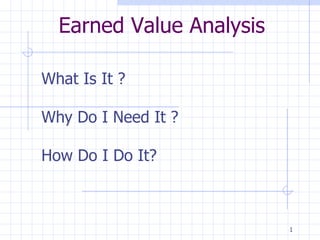 Earned Value Analysis

What Is It ?

Why Do I Need It ?

How Do I Do It?



                          1
 